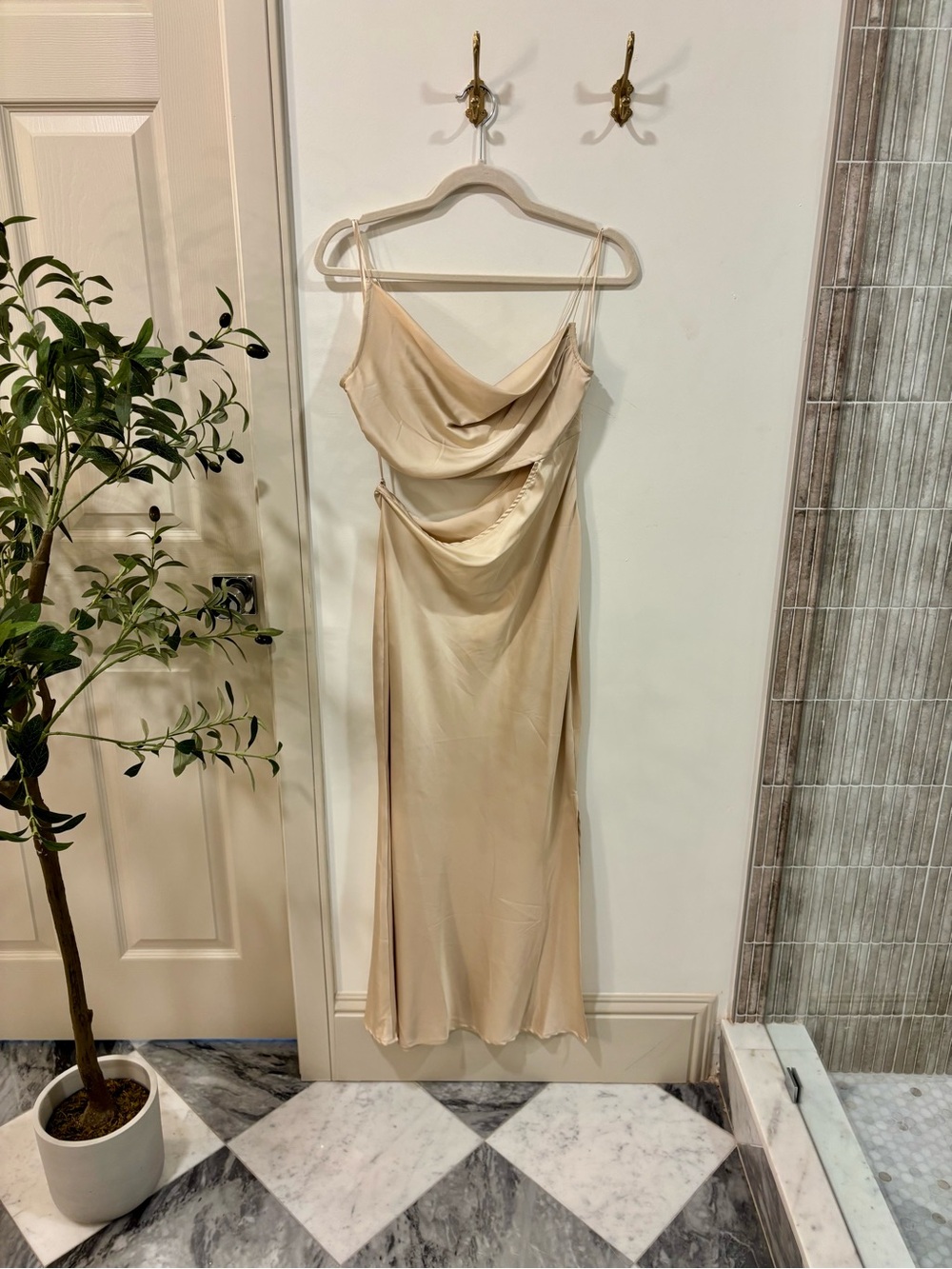 12th Tribe Satin Cowl Midi Dress in Champagne